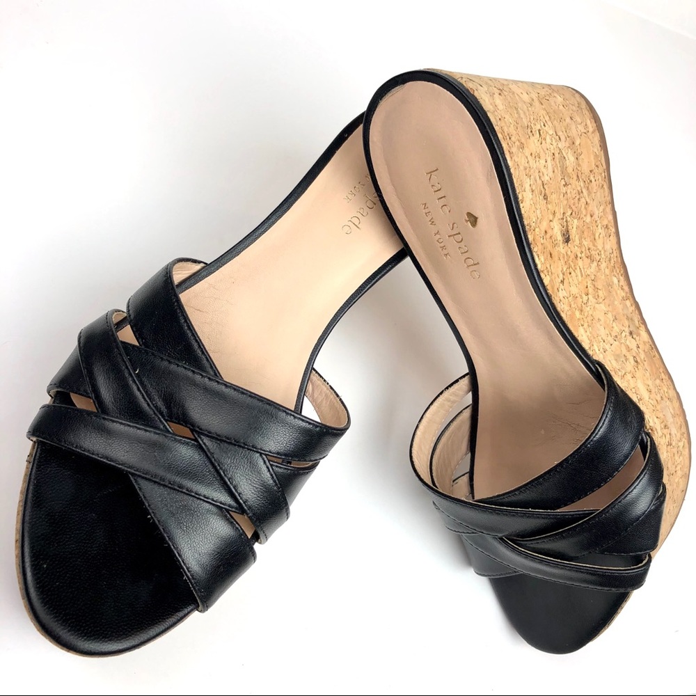 kate spade Black Leather Cork Wedge Slide Sandals